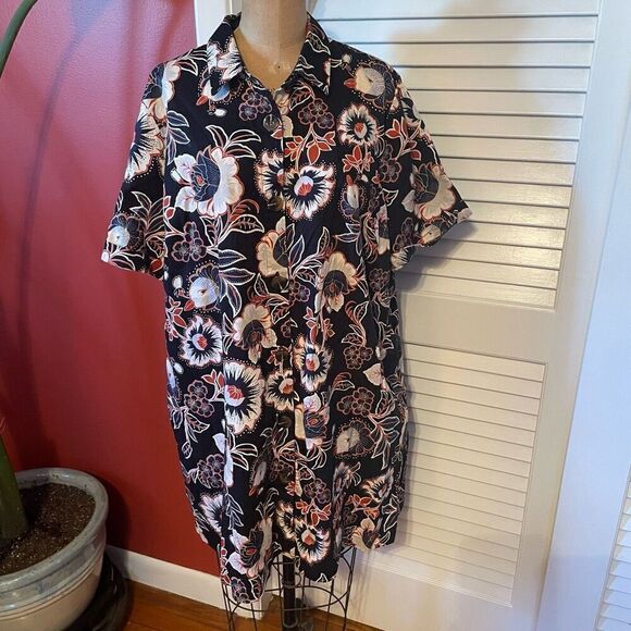 WHO WHAT WEAR | black floral pattern button up short sleeve dress XXL - Picture 1 of 7